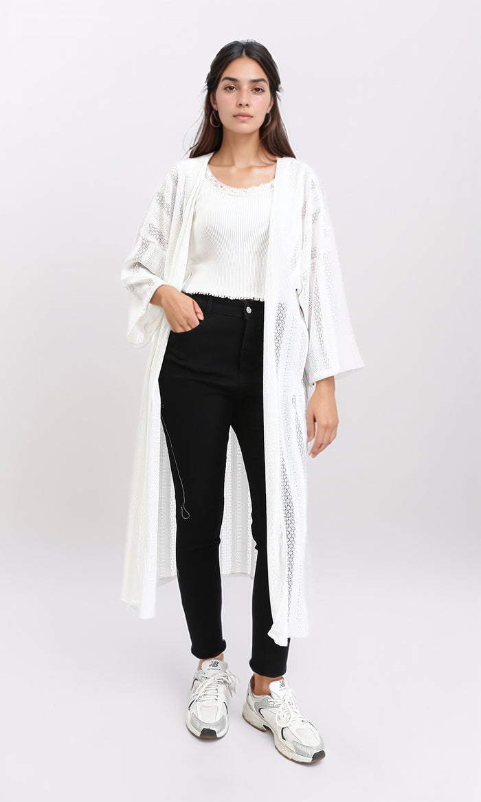 R210312 - Self Pattern Perforated Long Cardigan - White