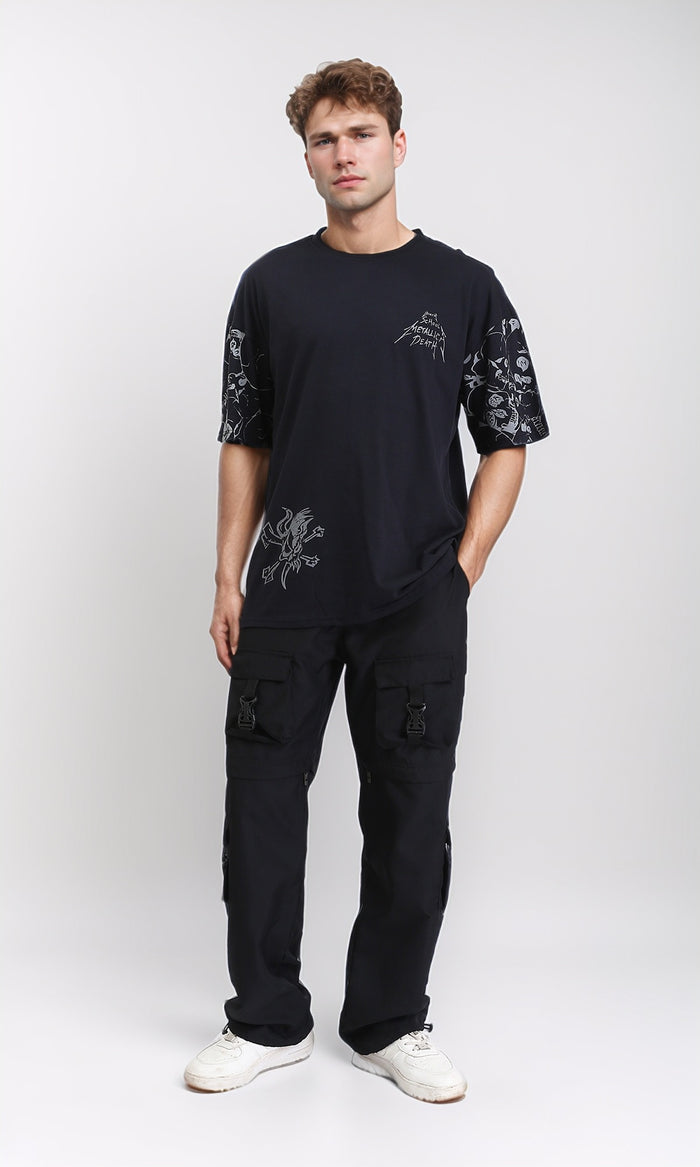 R210535 - Elbow Sleeves Printed Cotton Tee - Black