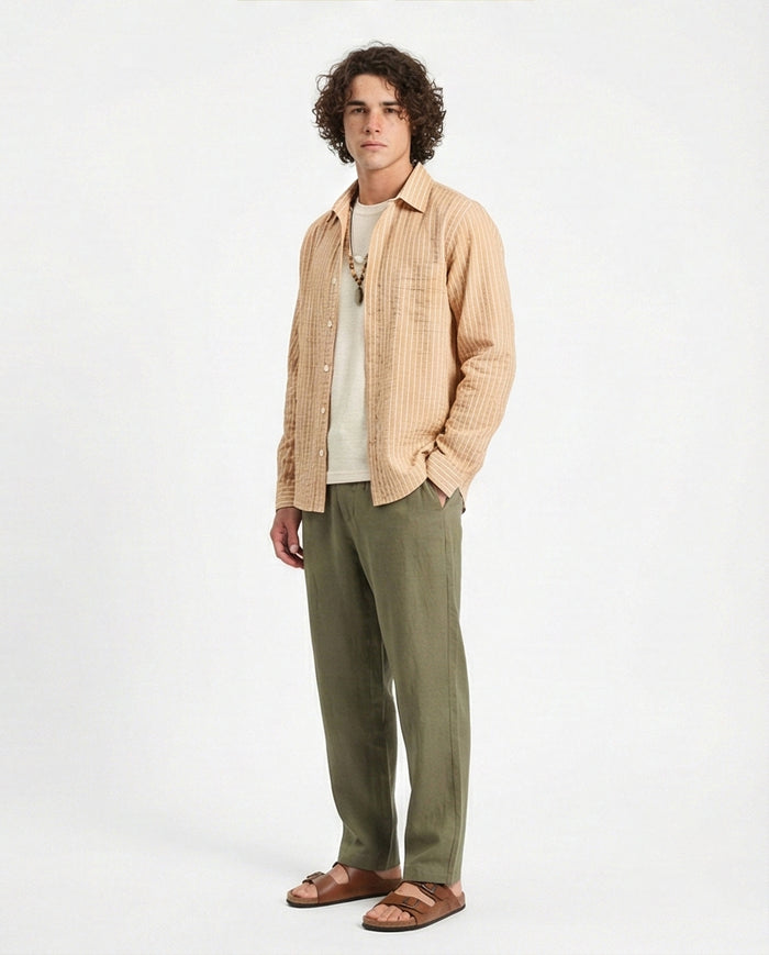 R210539 - Striped Long Sleeves Casual Shirt - Camel & White