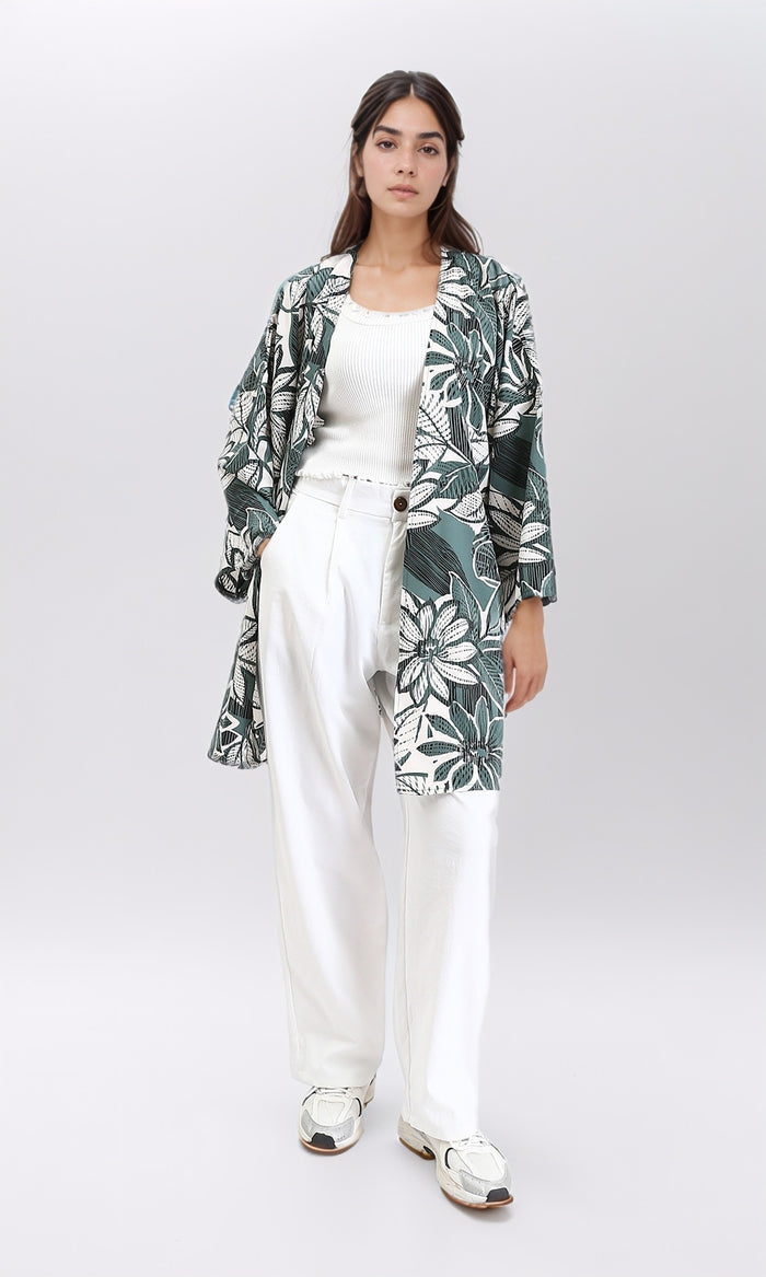 R210711 - Floral Long Sleeves Comfy Cardigan - Dark Mint & White
