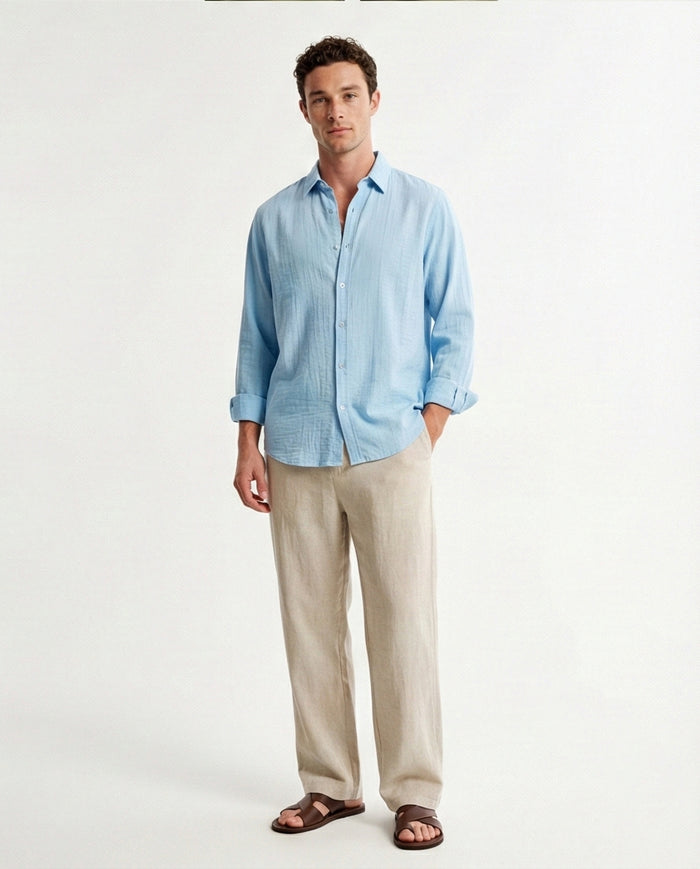 R210822 - Textured Long Sleeves Comfy Shirt - Sky Blue