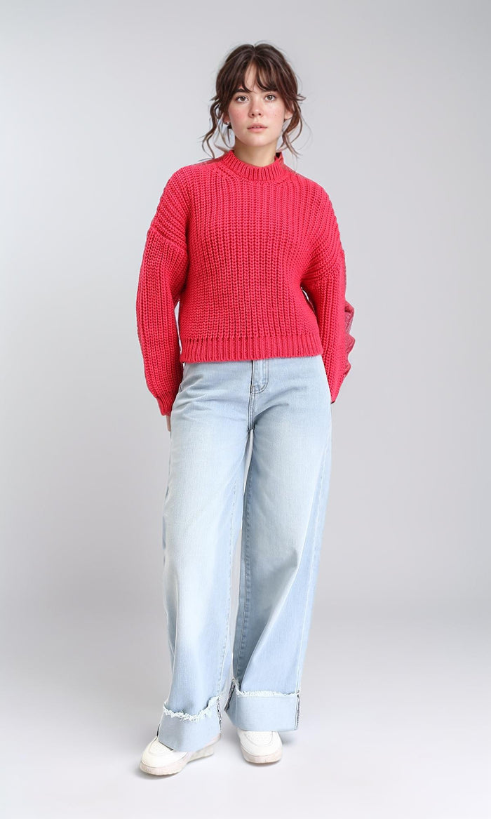 R210979 - Mock Neck Chunky Knit Pullover - Hot Fuchsia