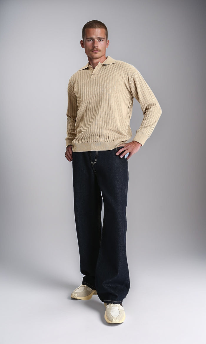 R211361 - Long Sleeves Ribbed Winter Pullover - Dark Beige