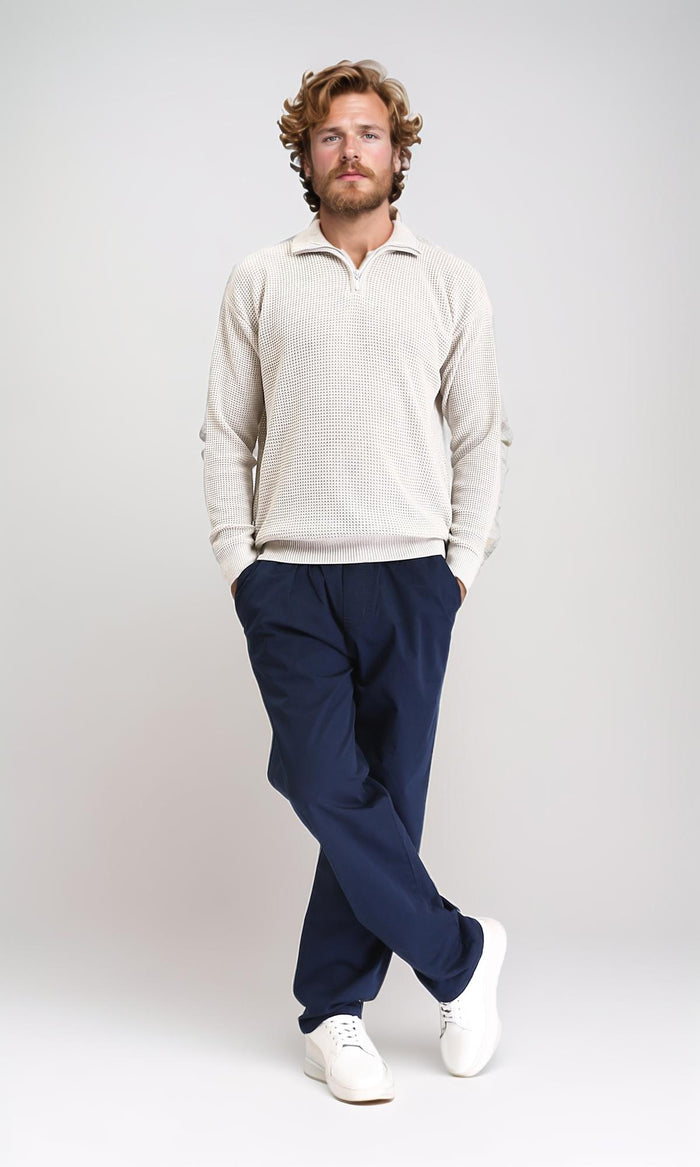 R211498 - Zipped Knitted Sweater with Classic Collar - Oat
