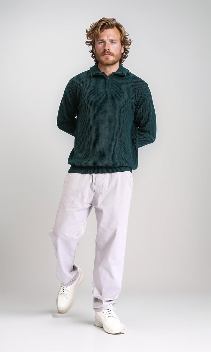 R211500 - Zipped Knitted Sweater with Classic Collar - Forest Green