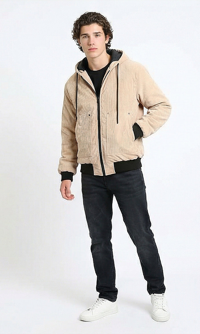 R212167 - Drawstring Hooded Neck Corduroy Jacket - Nude