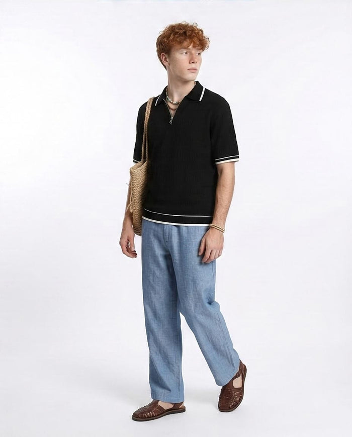 R213024 - Elbow Sleeves Zipped Polo Shirt - Black