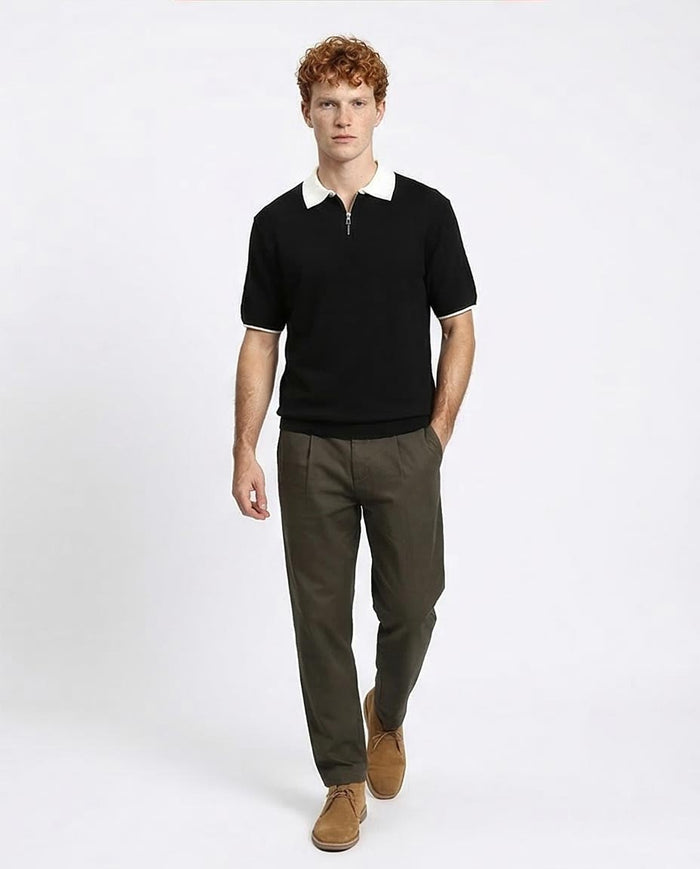 R213028 - Zipped Polo Shirt with Classic Collar - Black