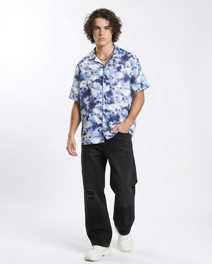 Ravin Blue Cloud-Wash Short Sleeve Resort Shirt- Navy Blue & Light Blue - R204710
