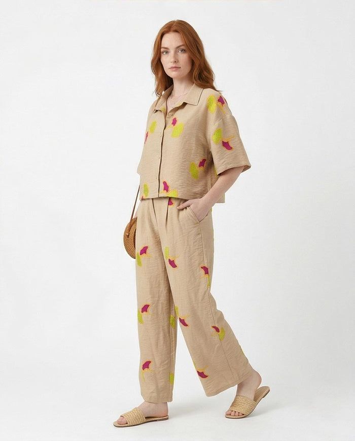 Ravin Ginkgo Leaf Embroidered Plissé Cropped Shirt - R216949
