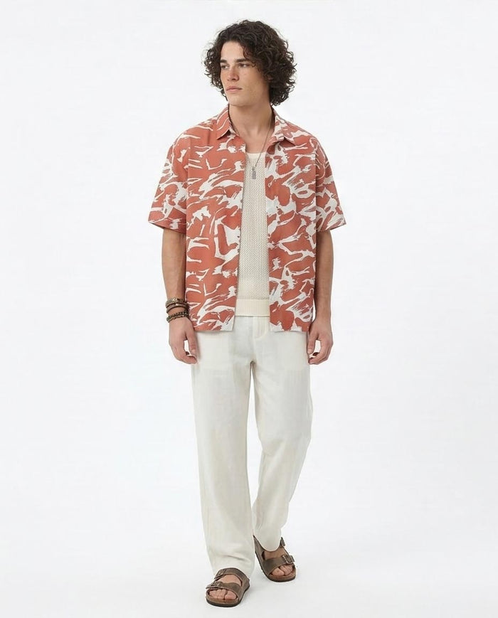Ravin Men’s Abstract Tiger-Stripe Camp Collar Shirt – Terracotta & White - R210016