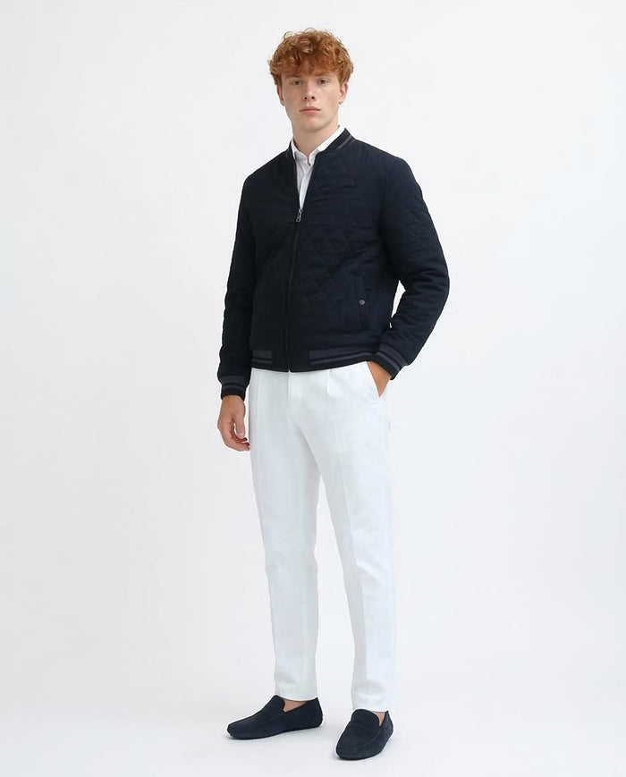 Ravin Men's Diamond-Quilted Bomber Jacket with Striped Ribbing - Navy - o197485