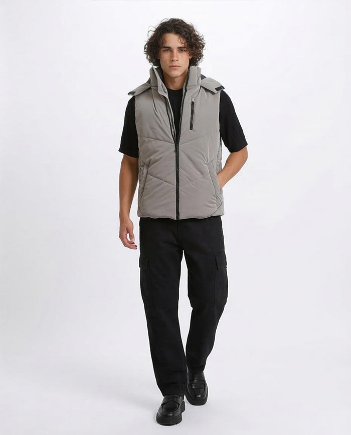 Ravin Men’s Hooded Puffer Vest – Chevron Quilted Technical Gilet with Zip Pocket - O202805