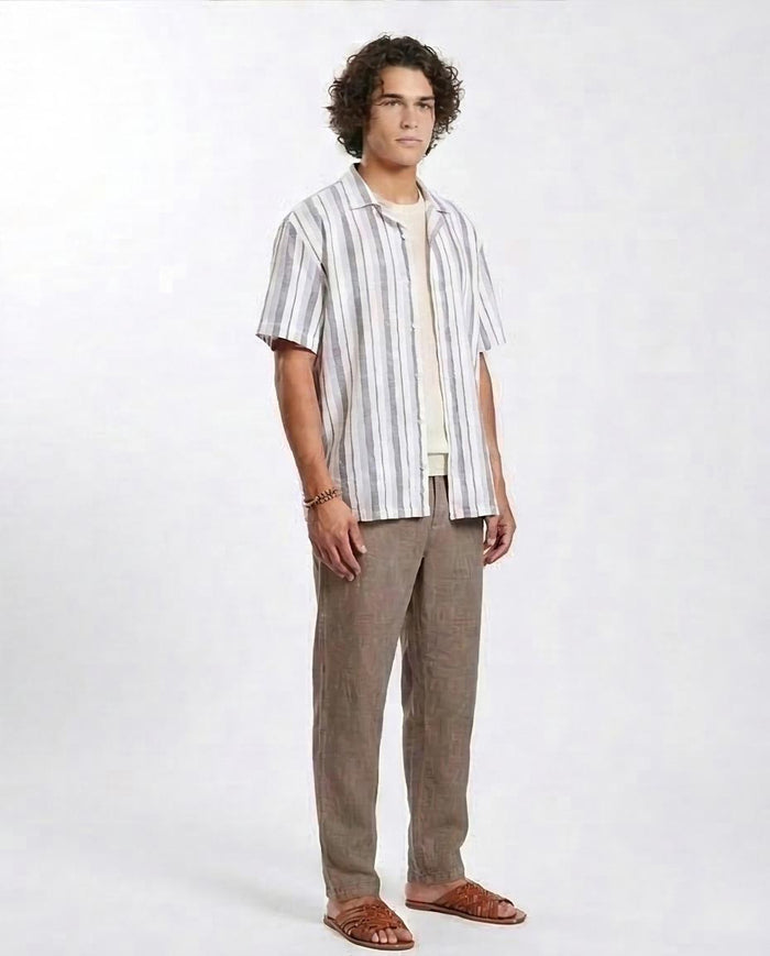 Ravin | Men's Multi-Stripe Relaxed Cuban Collar Shirt- Grey & White - R208106