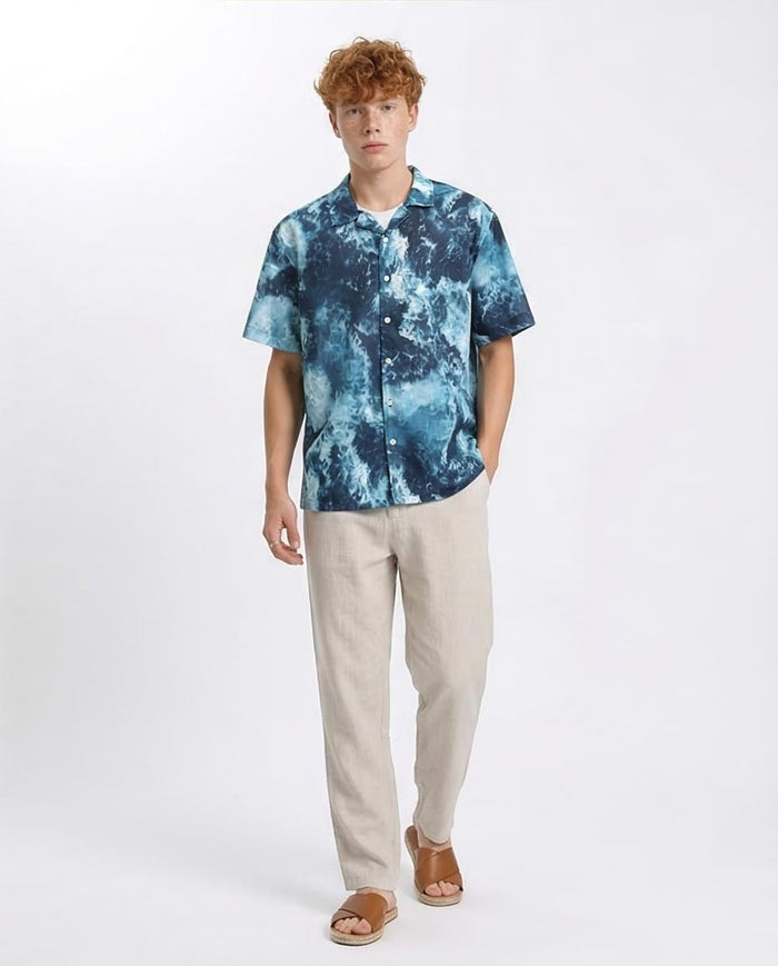 Ravin | Men's Ocean Wave Print Relaxed Camp Collar Shirt - Teal & White - R204705