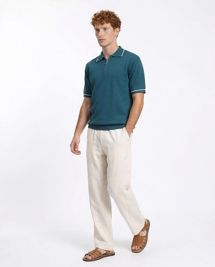Ravin Men’s Quarter-Zip Textured Knit Polo – Petrol Blue with Contrast Tipping - R213034