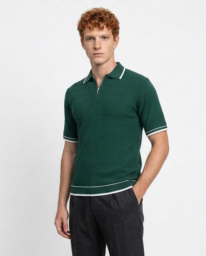 Ravin Mens Quarter-Zip Wave Texture Polo Shirt - Cotton Blend - Forest Green - R213026