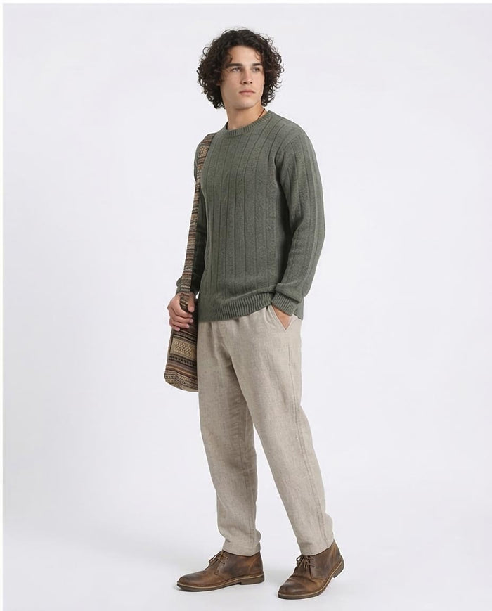 Ravin Men’s Sage Green Vertical Ribbed Knit Crewneck Sweater - R212599