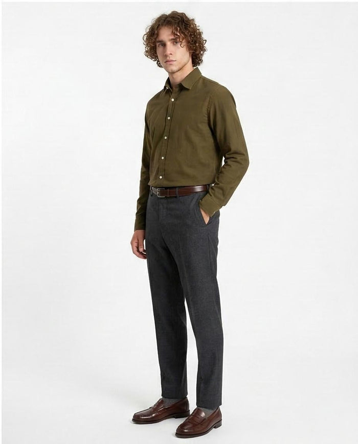 Ravin Men’s Tailored Fit Olive Green Long-Sleeve Shirt - Textured Cotton Blend - R206395