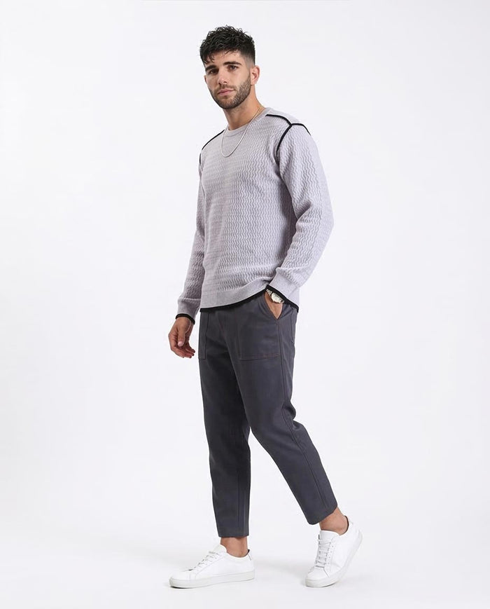 Ravin Men's Textured Chevron Knit Crewneck Sweater with Contrast Piping - Grey - R214489
