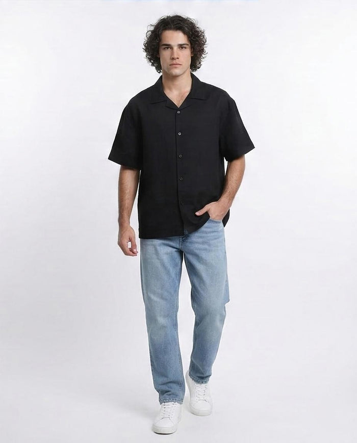 RAVIN | Men's Textured Cuban Collar Short Sleeve Shirt - Black - R209812