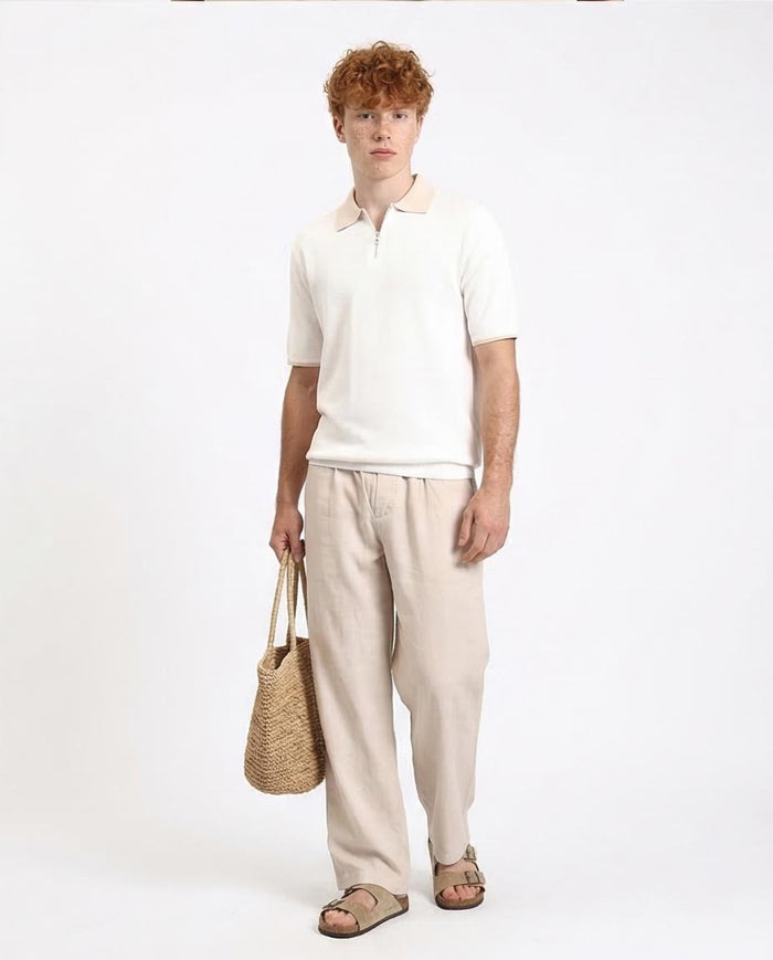 Ravin Men's Textured Knit Zip-Polo with Contrast Collar - Light Beige - R213029