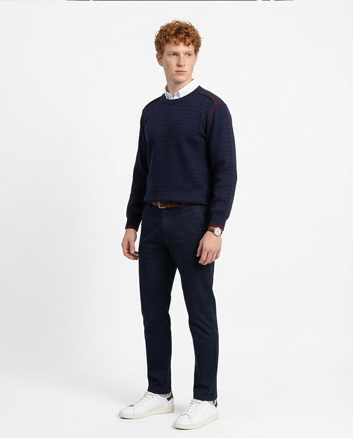 Ravin Men's Zig-Zag Textured Navy Knit Sweater with Contrast Tipping - R214488
