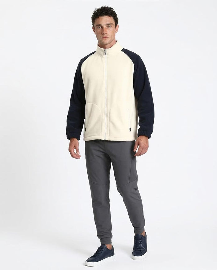 Ravin Two-Tone Raglan Sleeve Polar Fleece Zip-Up Jacket- Off-White & Navy Blue - R214032