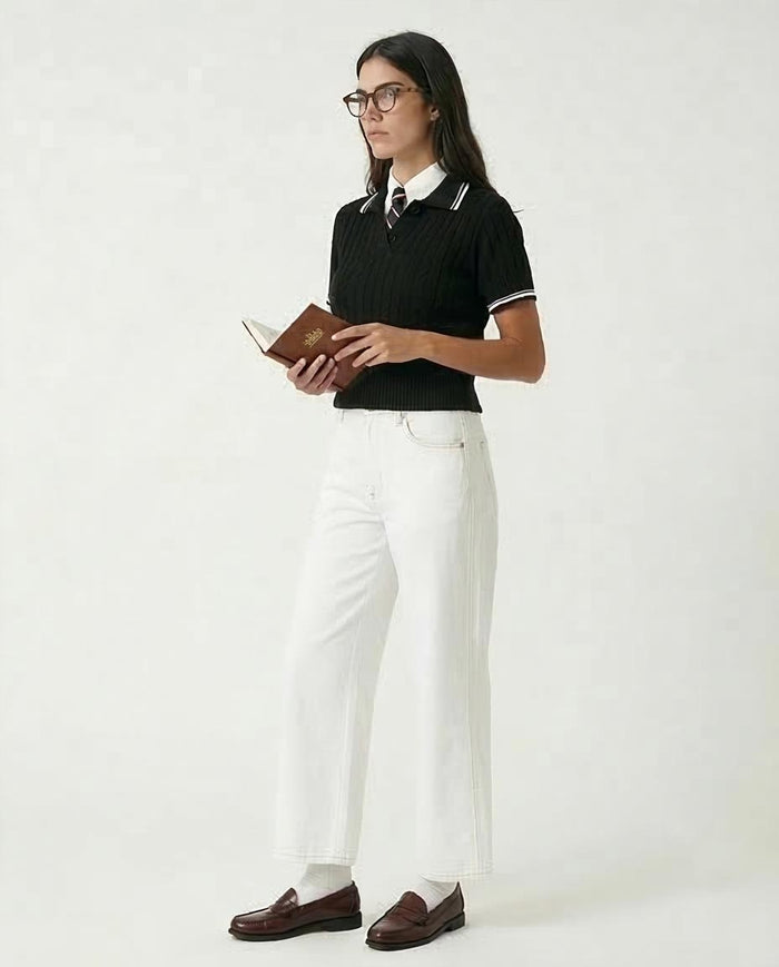 Ravin Women's Cable-Knit Cropped Polo Sweater – Black & White Preppy Knit - R206419