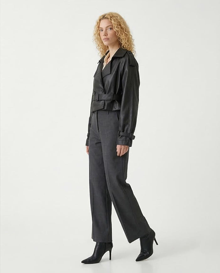 Ravin Women's Cropped Faux-Leather Double-Breasted Trench Jacket - Black - R211075