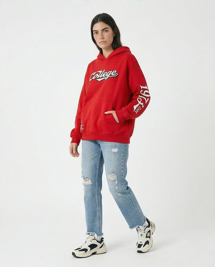 Ravin Women's Oversized Red Collegiate Graphic Hoodie with 1973 Sleeve Print - R206851