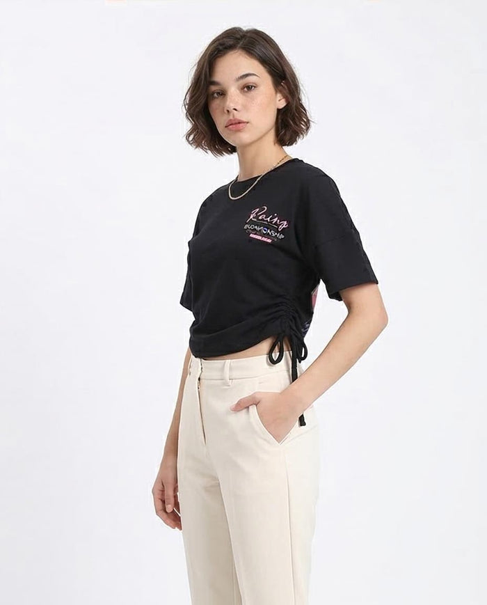 Ravin Women’s Racing Graphic Side-Tie Cropped T-Shirt - Black - R209237