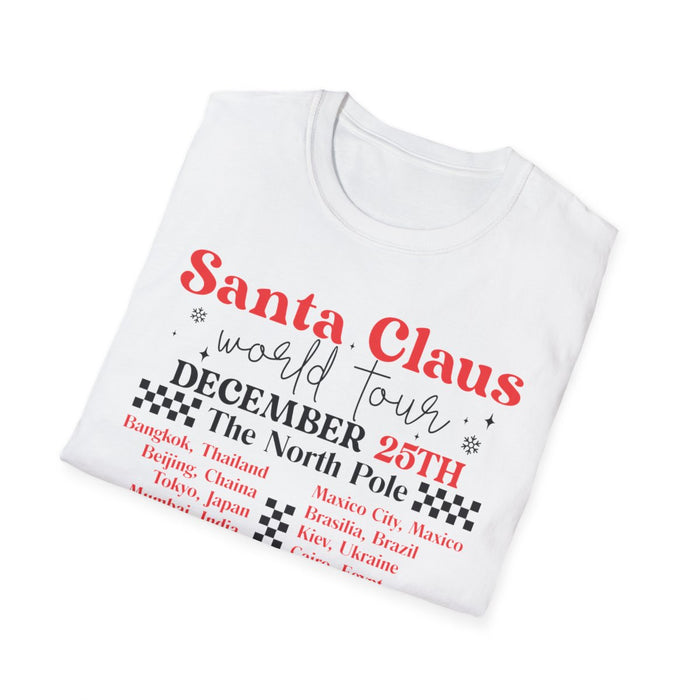 light blue t-shirt folded showing Santa Claus World Tour Christmas print