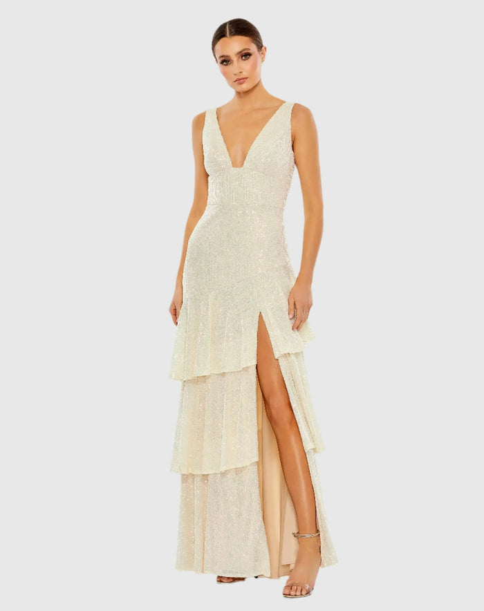Beige Sequin Asymmetrical Ruffle Tiered Gown - Ieena for Mac Duggal