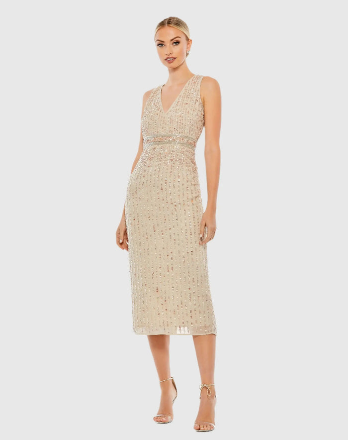 Beige Sequined Sleeveless V-Neck Midi Sheath Dress - Mac Duggal