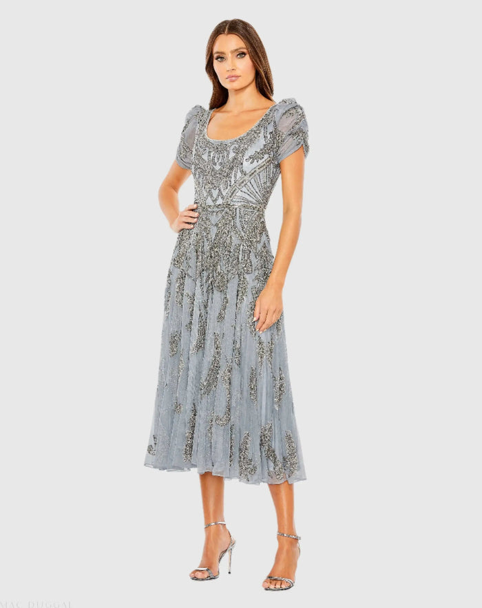 Silver Short Sleeve Beaded A-line Tea Length Dress - Mac Duggal