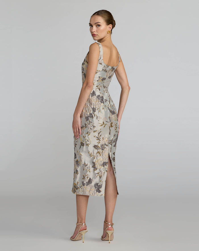 Silver Floral Square Neck Midi Dress - Mac Duggal