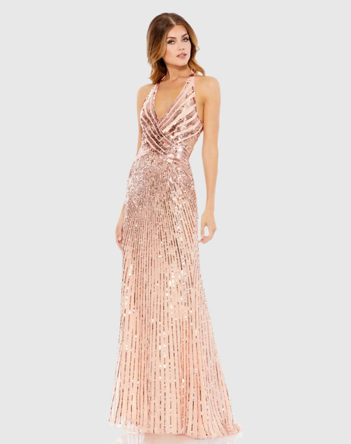 Pink Sleeveless Faux Wrap Sequin Embellished Cut Out Back Gown - Mac Duggal