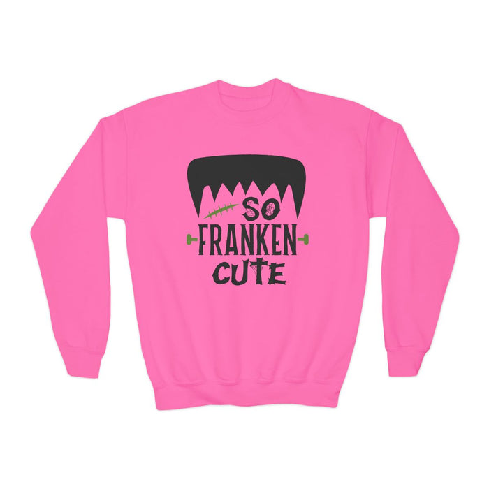 safety pink kids sweatshirt with playful spooky season frankenstein print