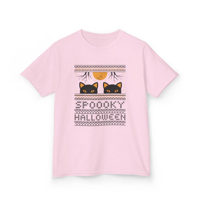 light blue kids t-shirt with playful black cat and festive halloween design