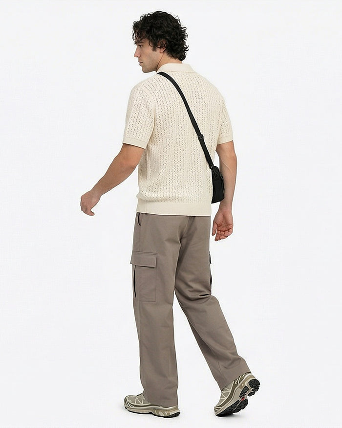 Stone Textured Knit Button-Down Polo Shirt - R217122
