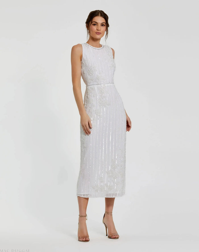 White Striped Floral Embellished Sleeveless Midi Dress - Mac Duggal