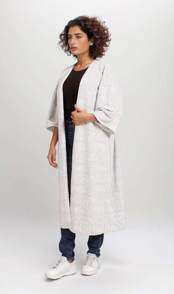 Textured Open-Front Longline Cardigan in Grey