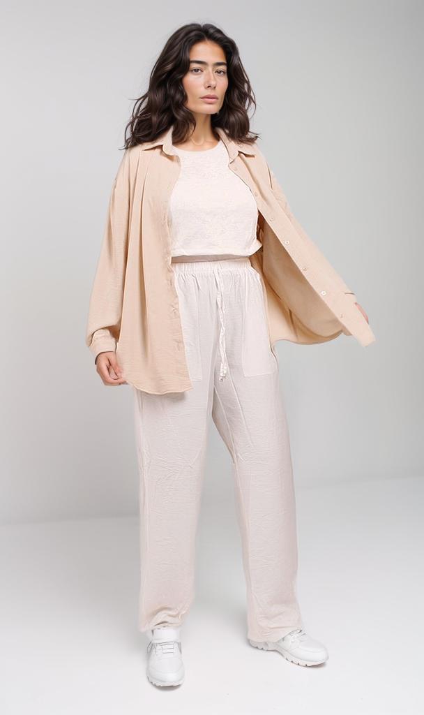 Textured Oversized Button-Down Shirt in Beige