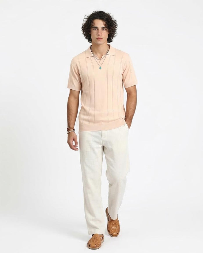 Title: Ravin Men’s Vertical Ribbed Knit Skipper Polo – Pale Peach -R213023