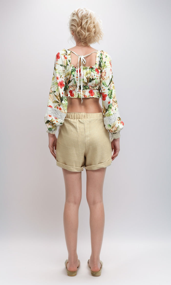 Tropical Floral Lace-Trimmed Cropped Top - O193477