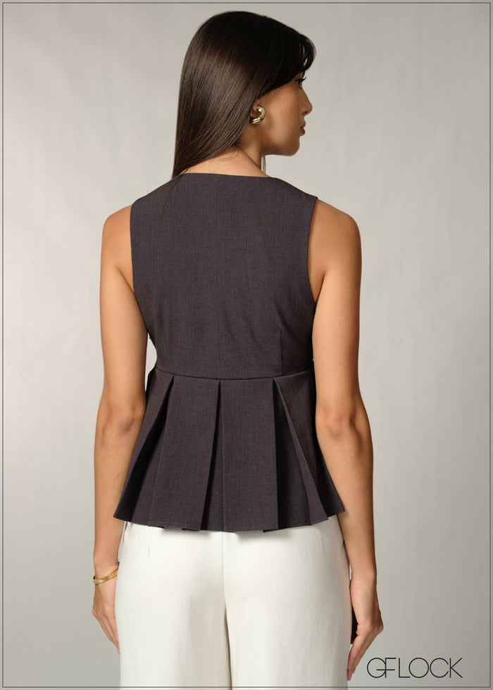 V-Neck Sleeveless Pleated Top - 060726