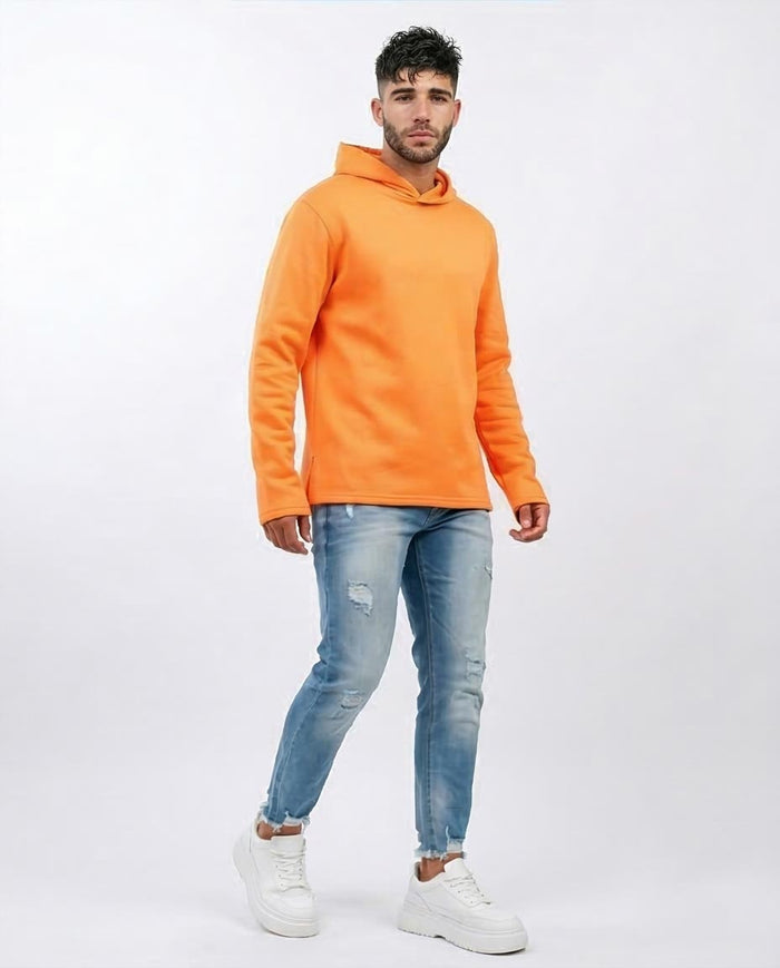 Vibrant Tangerine Side-Slit Relaxed Hoodie - O202346