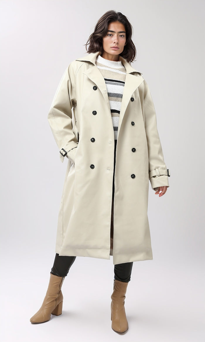 Women's Beige Double-Breasted Leather Trench Coat - O194911