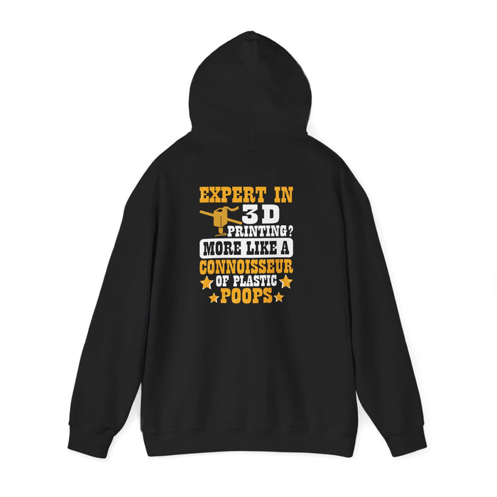 black hoodie with 3D printing expert connoisseur of plastic poops funny maker design